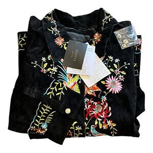 NEW Avanti Womens 3X Black Suede Leather JACKET Embroidered Bird Floral Mob Wife